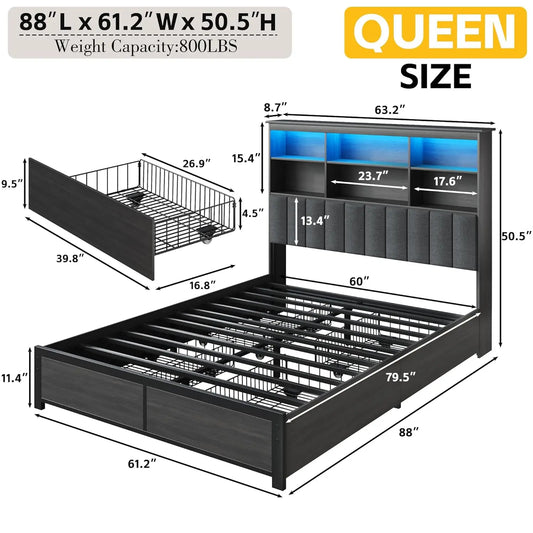 Queen Bed Frame with Headboard, Queen Bed Frame with High Storage Bookcase Headboard, 4 Storage Drawers & Charging, Customized