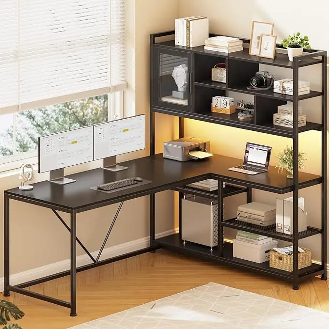 L Shaped Computer Desk, 58'' Office Desk with LED Light and Bookshelf, L Shaped Corner Desk with Storage Shelves