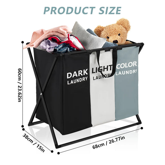3 Sections Divided Laundry Basket Large Laundry Hamper Foldable Washing Bin Dirty Cloth Storage Bag Home Storage