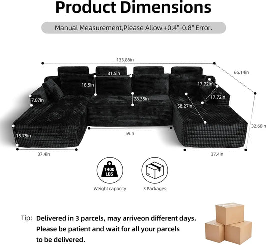 134" Boneless Couch for Living Room, Oversized U Shaped Modular Cloud Sofa with Deep Seat, Ergonomic Memory Foam Sleeper Chair,