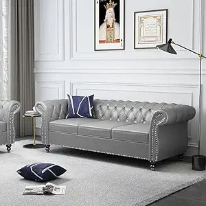 Chesterfield Leather Sofa 3 Seater Couch, Mid-Century Large Sofa Roll Arm Classic Tufted Settee Modern PU Sofa with Channel Tuf