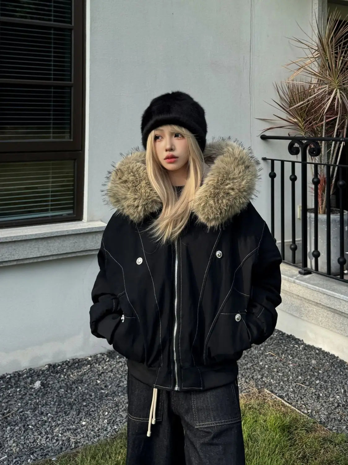 2000s Aesthetic Black Elegant Jacket Woman 2025 Winter Y2k Zip Up Hooded Design Harajuku Coat Female Loose Casual Chic Outfits