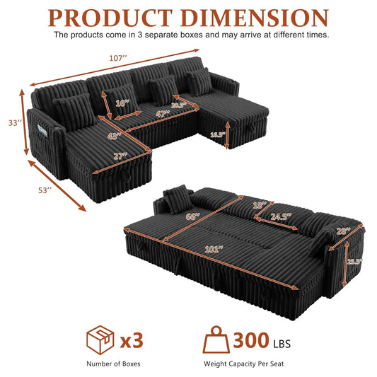 107" Sectional Sleeper Sofa with Pull Out Bed, Comfy Fluffy Plush Corduroy Cloud Sectional Couches for Living Room, Customized