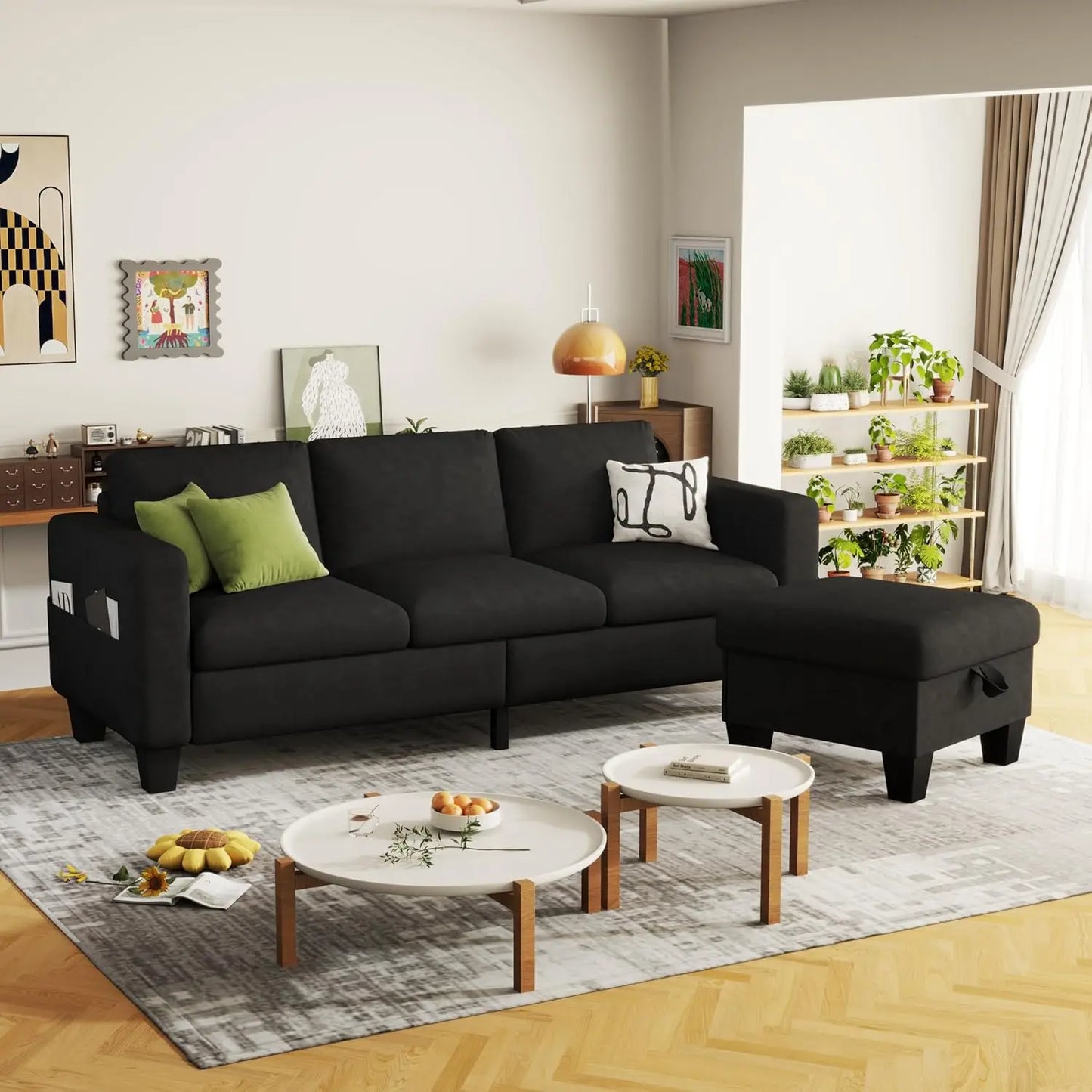 Couch for Living Room-78'' Beige Linen 3 Seat L-Shaped Sectional Sofa Couches with Storage Ottoman-Modern Small Space.Customized