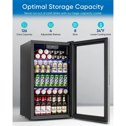 Beverage Refrigerator Cooler - 126 Can Mini Fridge Glass Door for Drinks Soda Beer Wine - Small Refrigerator for Office Bedroom