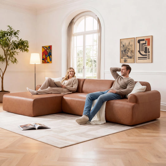 L-shaped oversized modular leather segmented sofa, leather deep seat modular corduroy sofa, suitable for families and big spaces