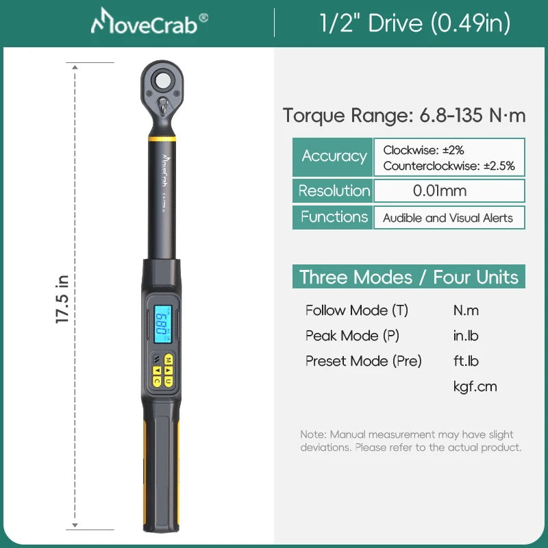 MOVECRAB Digital Torque Wrench 1-340N.m 2% Accuracy Preset & LED/Buzzer Alerts for Bike Motorcycles Automotive Mechanical Tool