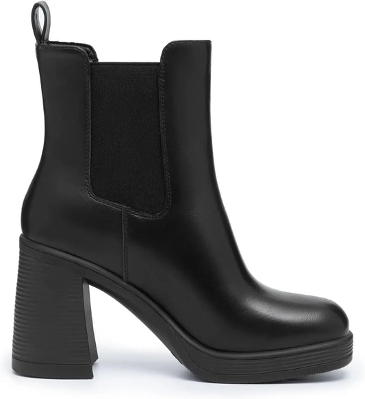 Athlefit Women's Chelsea Platform Boots High Chunky Heel Square Toe Boots Fashion Slip On Elastic Heeled Ankle Booties