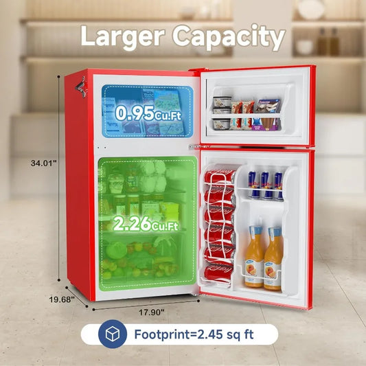 BANGSON Mini Fridge with Freezer, 3.2 CU.FT Small Refrigerator with Freezer, Door Handle, Bottle Opener, For Bedroom, Dorm