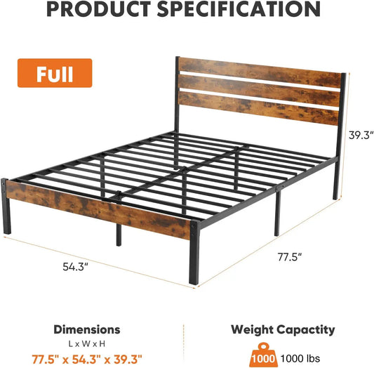 Full Size Bed Frame with Headboard, 800LBS Support, Under Bed Storage, Easy Assembly, Rust Brown - Durable Metal Foundation