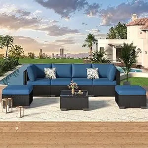 U-MAX 7 Piece Outdoor Patio Furniture Set, PE Rattan Outdoor Wicker Sectional Furniture Chair Set with Cushions and Tea Table, B