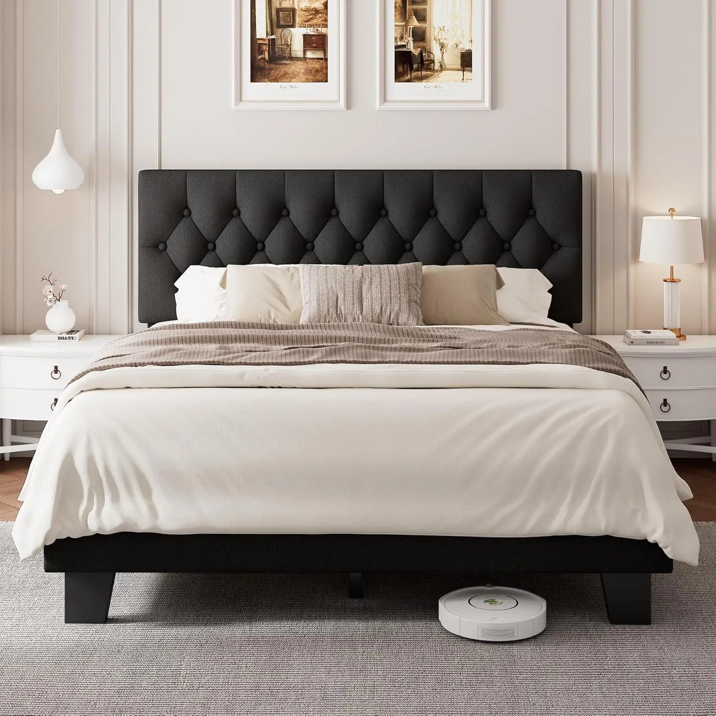 Upholstered Bed Frame with Headboard, Button Tufted Linen Bed Base, Platform Bed with Wood Slat, Heavy Duty,, Customized