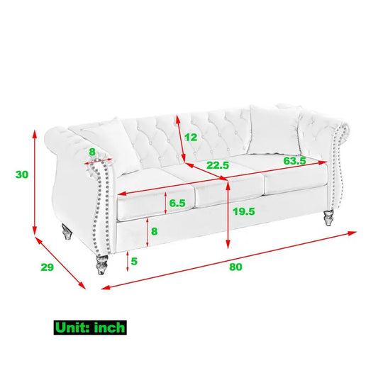Chesterfield Sofa, Retro Style Upholstered 3 Seater Velvet Couch with Rolled Arm for Living Room Bedroom Office Apartment, Grey