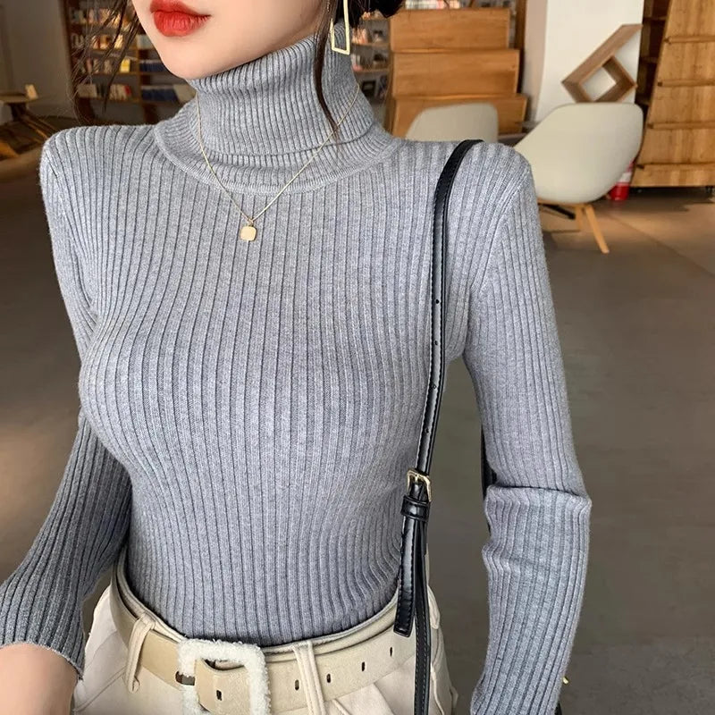 2025 Casual Slim Knitted Pullover Autumn Winter Thick Turtleneck Sweater Base Sweater Korean Style Simple Base Layer Warm Tops