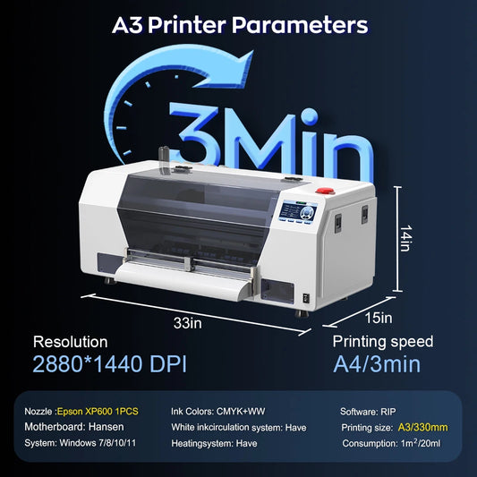 EU/US Stock A3 DTF Printer Printer Impresora XP600 DTF Printer Transfer Printer Direct to Film Printing T-Shirt Printer Machine