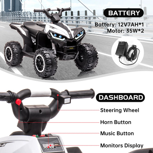 12V Kids Ride On ATV, Electric Battery, Powered Four Wheeler with Music, Led Lights, Soft Start, USB Port, and Treaded Tires