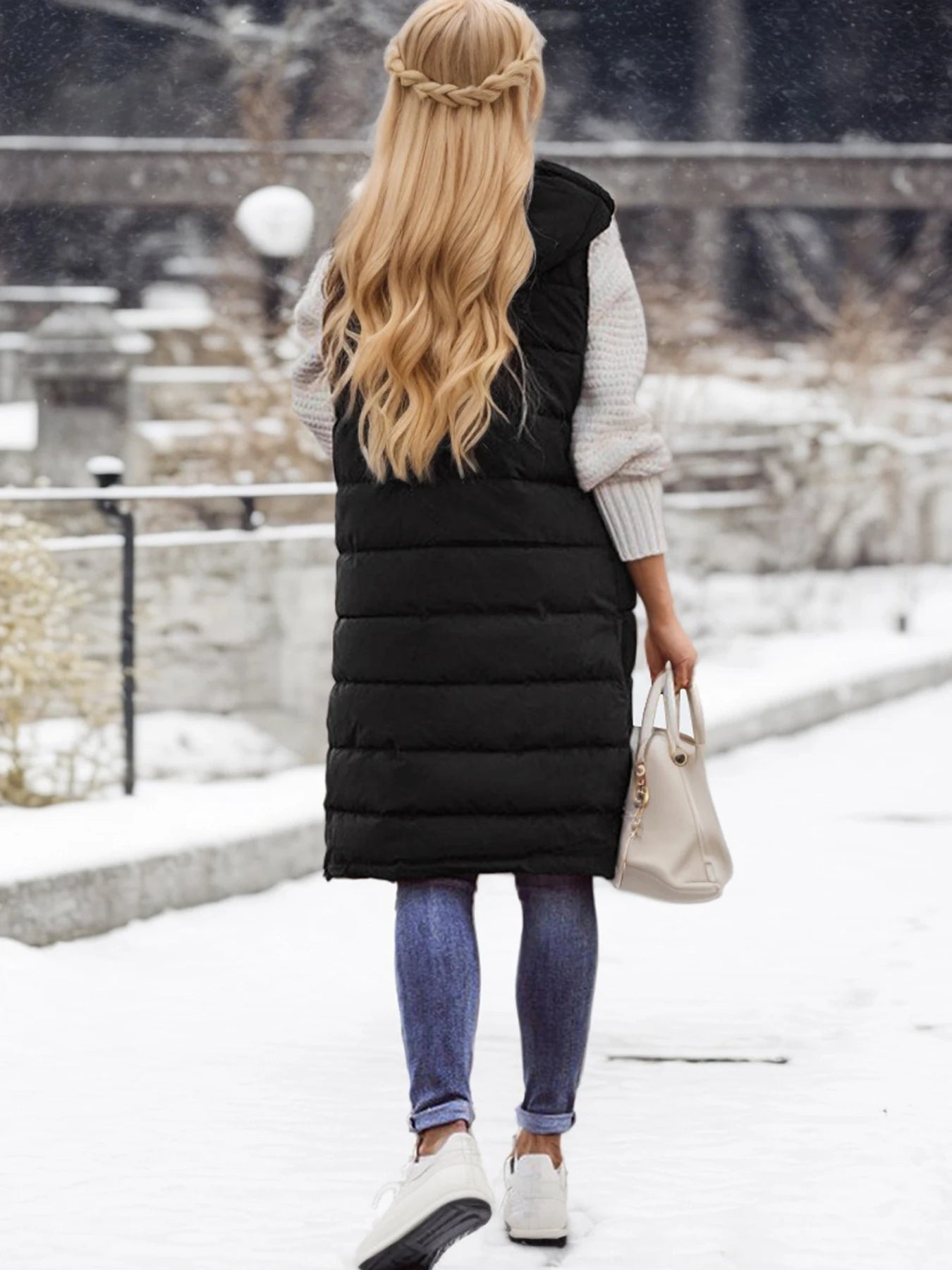 Winter Warmth Puffer Vest - Soft Solid Color Sleeveless Hooded Long Vest for Women - Cozy Outwear for Cold Weather