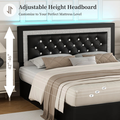 SIBEDS Queen Bed Frame with LED Lights, Adjustable Headboard, Tufted Linen Upholstery, Skirt, Wood Slats, Easy Assembly
