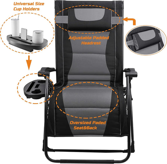 XXL Oversize Recliner Folding Chair for Camping Patio Outdoors Zero Gravity Extra Wide Reclining Padded Seats with Sunshade and