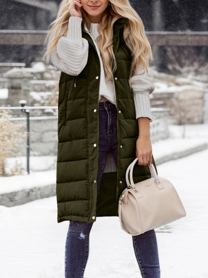 Winter Warmth Puffer Vest - Soft Solid Color Sleeveless Hooded Long Vest for Women - Cozy Outwear for Cold Weather