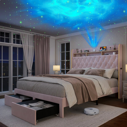 LED Bed Frame with Storage Drawers, Star Projector, Charging Station & Speaker, PU Leather/Velvet Platform, Noise-Free