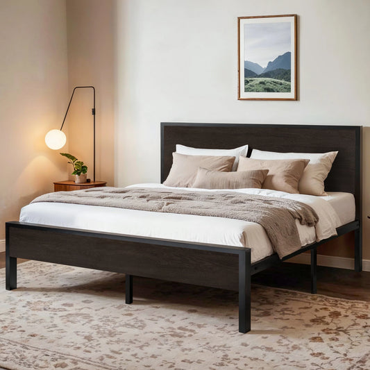 HOOMIC Bed Frame with Wooden Headboard, Metal Platform Bed with Strong Mattress Foundation, No Box Spring Needed,