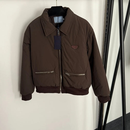 2025 Autumn/Winter New Style Triangle Logo Hooded Down Jacket for Women - Casual and Warm Short-Sleeved Coat