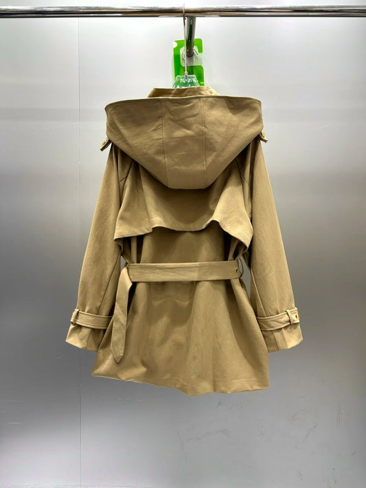 2025 Autumn/Winter New Style Women's Adjustable Hooded Casual Loose Belted Design Wind Coat with Waist-Hugging Design