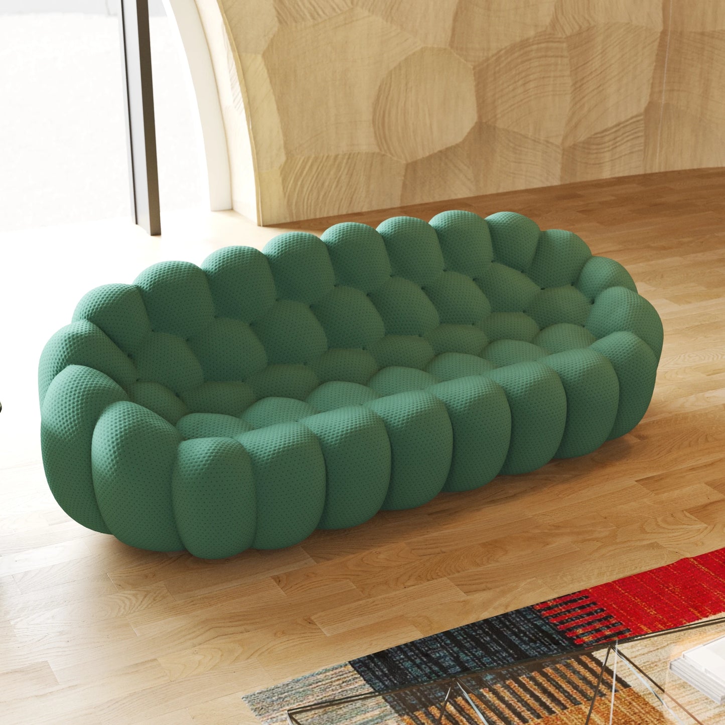 98.43'' Comfortable Curved Couch 3D Honeycomb Shape Mesh Fabric Bean Bag Sofa for Living Room Apartment Small Space - 3 Seater