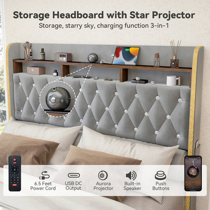 LED Bed Frame with Storage Drawers, Star Projector, Charging Station & Speaker, PU Leather/Velvet Platform, Noise-Free