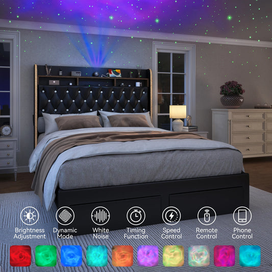 LED Bed Frame with Storage Drawers, Star Projector, Charging Station & Speaker, PU Leather/Velvet Platform, Noise-Free