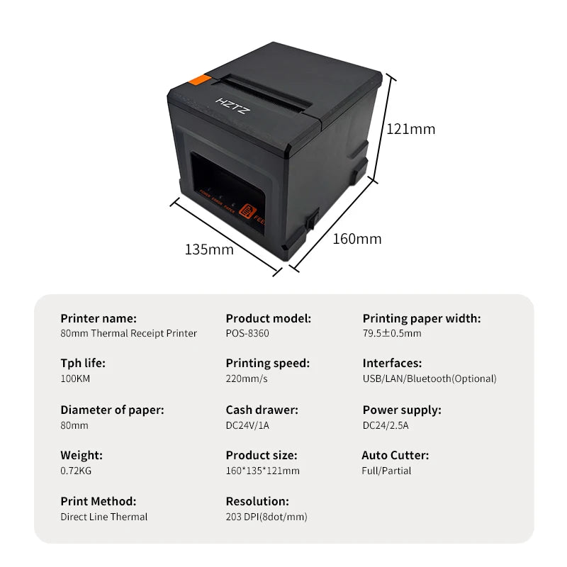 HZTZ 80mm Thermal Receipt Printer HZ-8360 Automatic Cutter Restaurant Kitchen POS Printer USB LAN Bluetooth