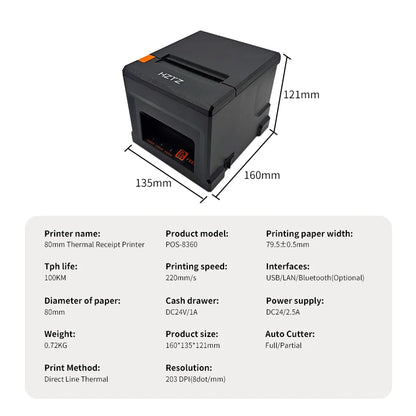 HZTZ 80mm Thermal Receipt Printer HZ-8360 Automatic Cutter Restaurant Kitchen POS Printer USB LAN Bluetooth