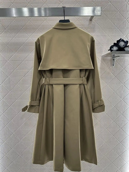 New early autumn women's European and American hooded hem flower bud lapel belt mid-length windbreaker British style long coat