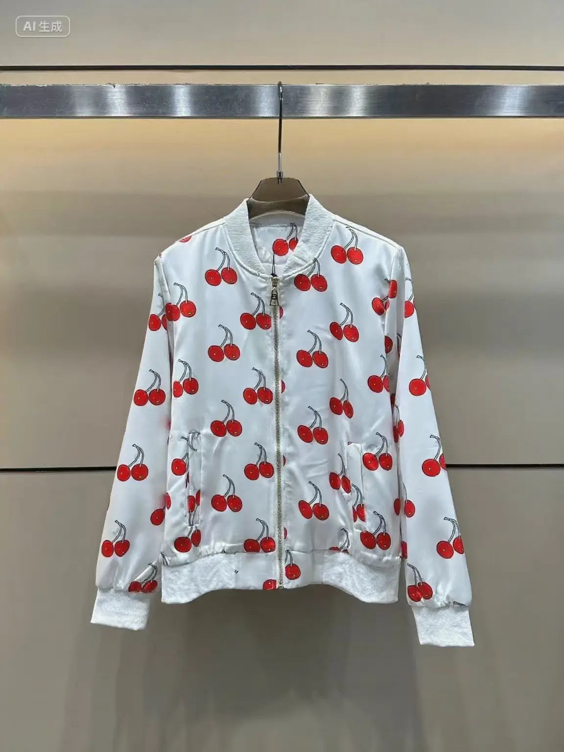 2025 Women's New Presbyopia logo Cherry Printed Long Sleeve Jacket Zipper Jacket