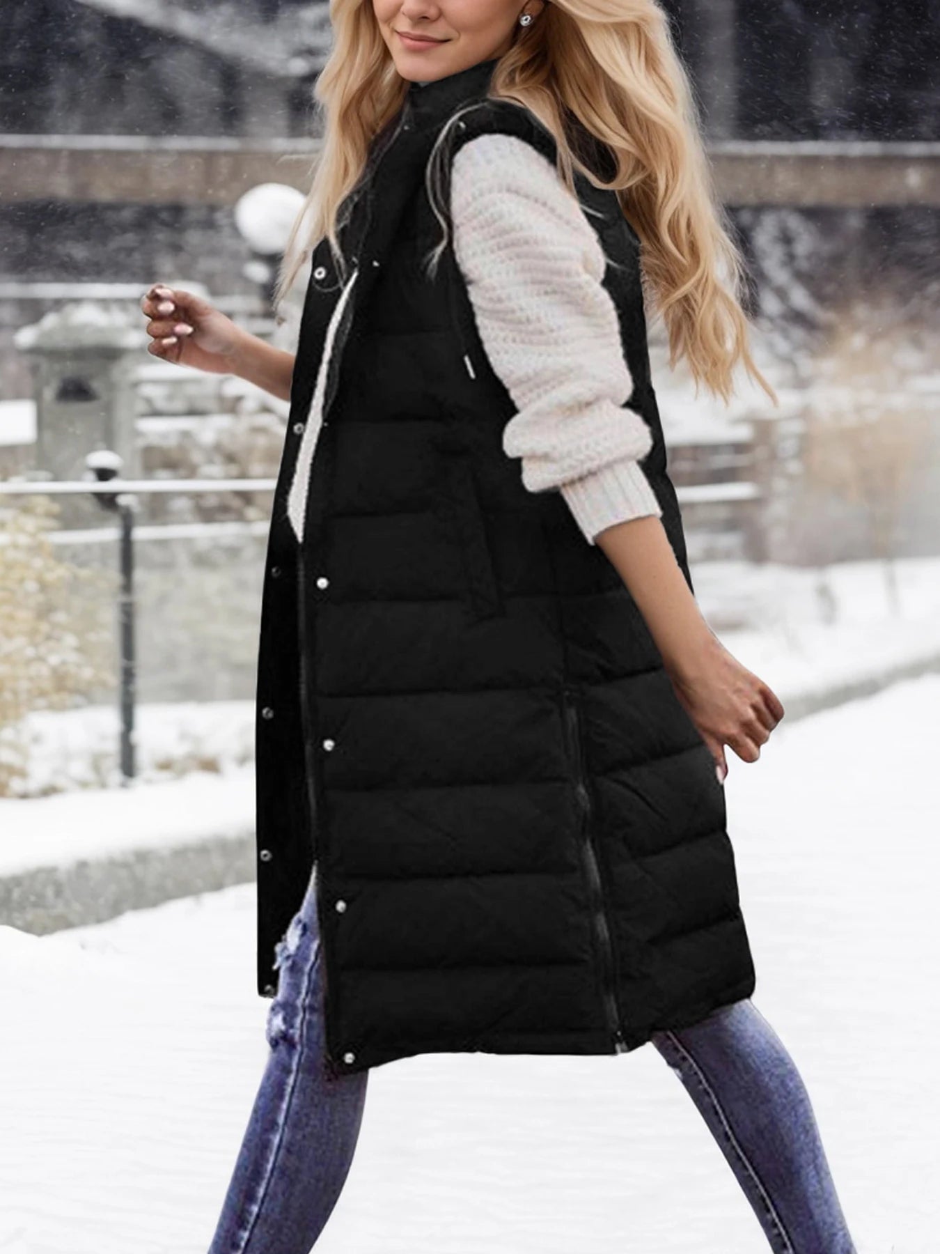 Winter Warmth Puffer Vest - Soft Solid Color Sleeveless Hooded Long Vest for Women - Cozy Outwear for Cold Weather