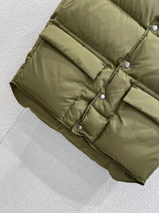 2025 Military Green Puffer Vest Women's Down Featherless Winter Warm Sleeveless Jacket Outdoor Layering Piece