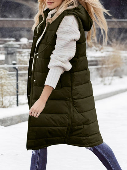Winter Warmth Puffer Vest - Soft Solid Color Sleeveless Hooded Long Vest for Women - Cozy Outwear for Cold Weather