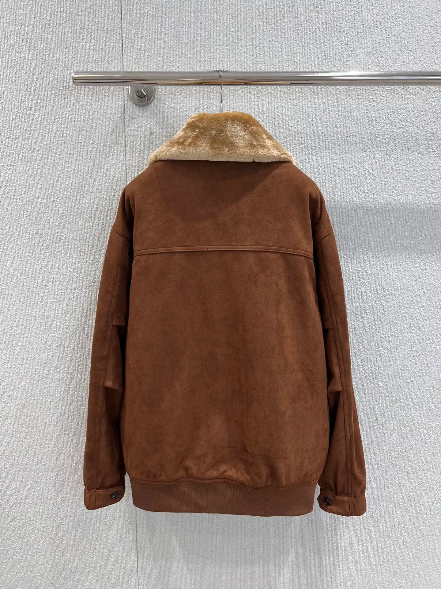 2025 Autumn/Winter New Wool Collar Zipper Jacket Coat Brown Suede Leather Fabric Oversize 501