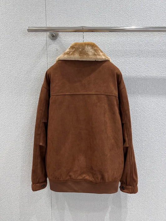 2025 Autumn/Winter New Wool Collar Zipper Jacket Coat Brown Suede Leather Fabric Oversize 501