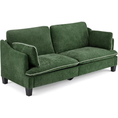84" Modern Sofa Couch, Linen Velvet 2-Seater Loveseat with Piped Cushions, Removable Cover & 2 Throw Pillows, Upholstered Couche