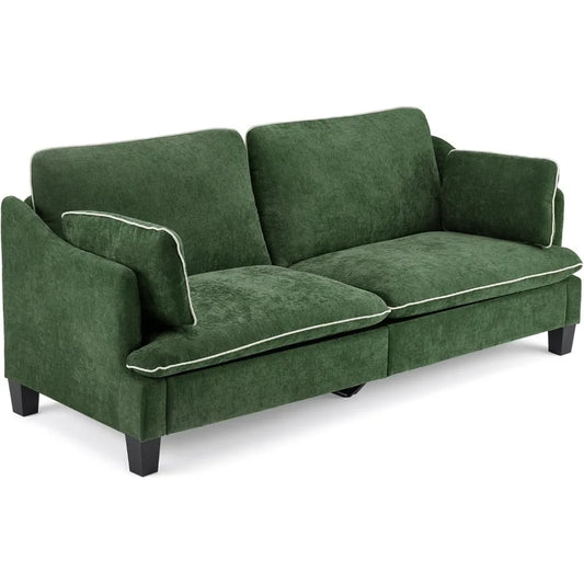 84" Modern Sofa Couch, Linen Velvet 2-Seater Loveseat with Piped Cushions, Removable Cover & 2 Throw Pillows, Upholstered Couche
