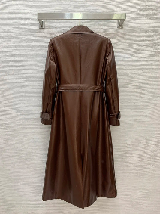 Winter 2025 New Double-breasted Lapel Loose Fashion With Belt Waist Long Leather Coat