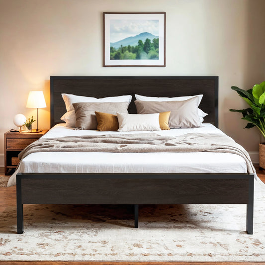HOOMIC Bed Frame with Wooden Headboard, Metal Platform Bed with Strong Mattress Foundation, No Box Spring Needed,