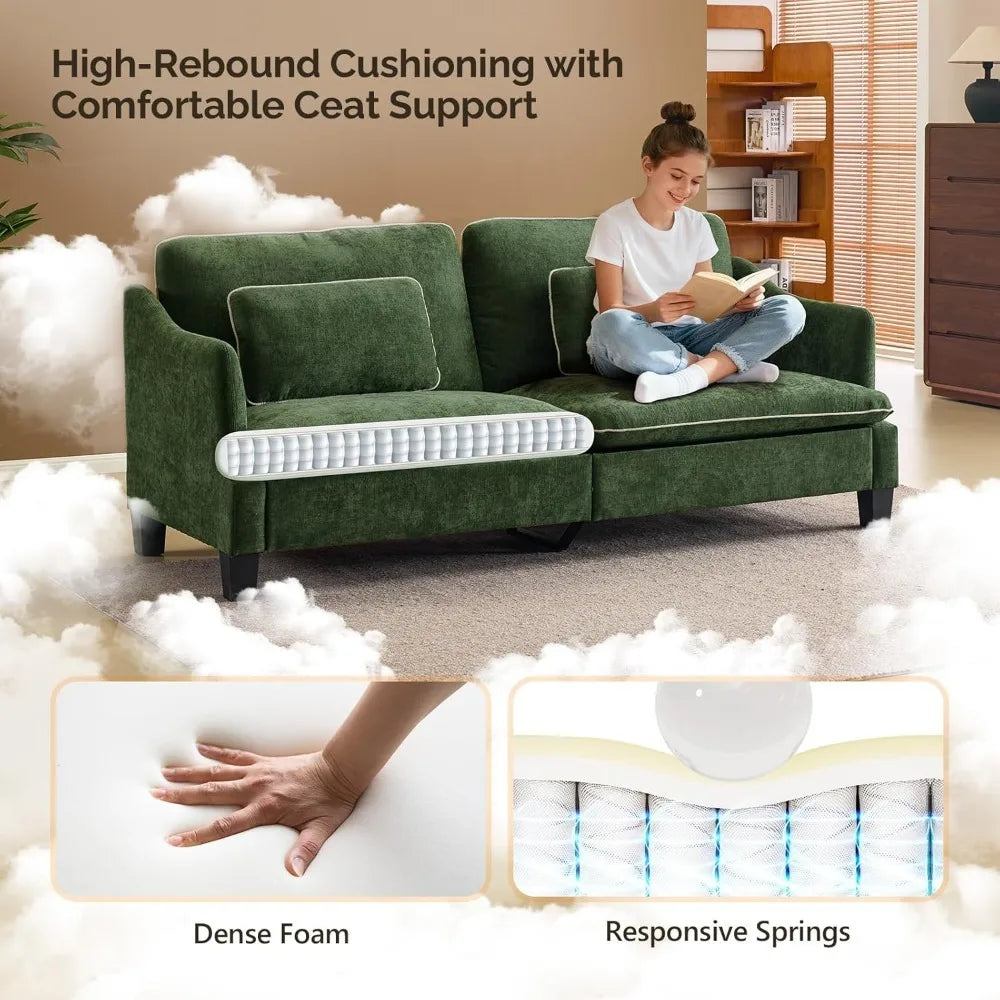 84" Modern Sofa Couch, Linen Velvet 2-Seater Loveseat with Piped Cushions, Removable Cover & 2 Throw Pillows, Upholstered Couche