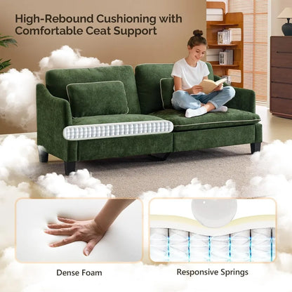 84" Modern Sofa Couch, Linen Velvet 2-Seater Loveseat with Piped Cushions, Removable Cover & 2 Throw Pillows, Upholstered Couche