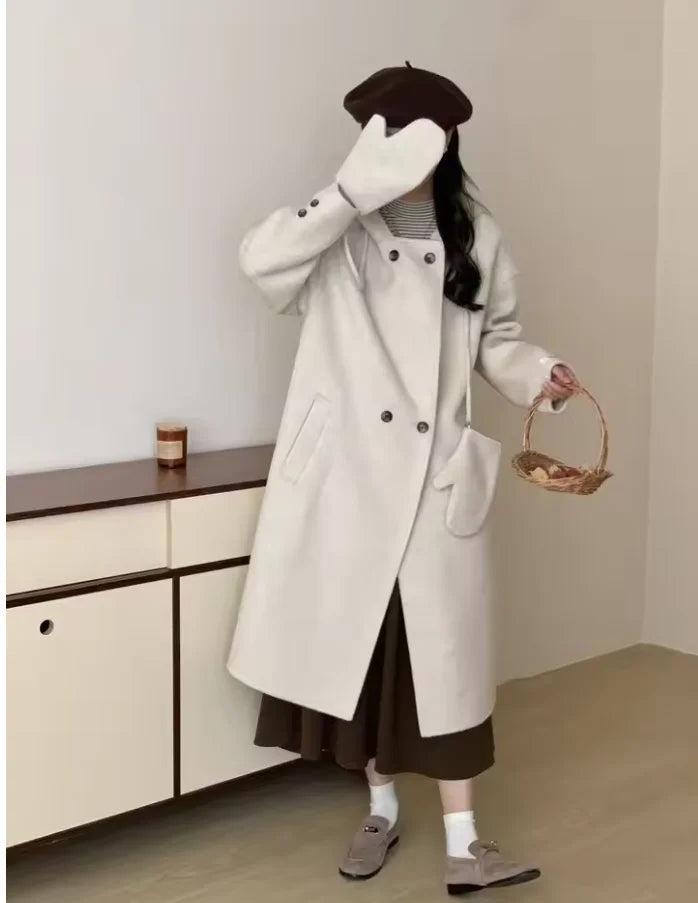 Double-sided woolen coat, women's mid-length, short, loose hooded gloves, woolen coat