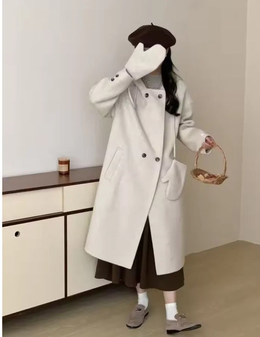Double-sided woolen coat, women's mid-length, short, loose hooded gloves, woolen coat