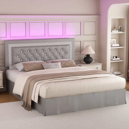 SIBEDS Queen Bed Frame with LED Lights, Adjustable Headboard, Tufted Linen Upholstery, Skirt, Wood Slats, Easy Assembly