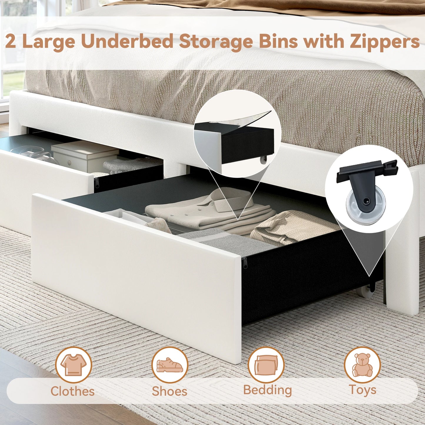 LED Bed Frame with Storage Drawers, Star Projector, Charging Station & Speaker, PU Leather/Velvet Platform, Noise-Free